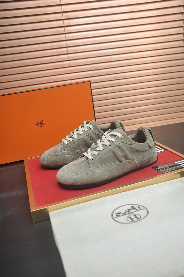 Hermès Cinza Bege Camurça Upper Silhueta Low-Top Tênis 4