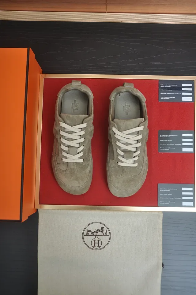 Hermès Cinza Bege Camurça Upper Silhueta Low-Top Tênis 5