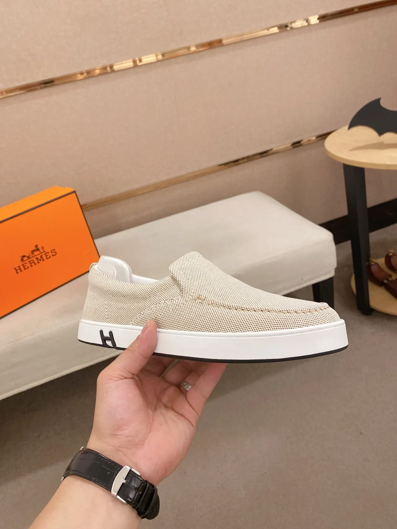Hermès H Logo Loafer Beige Tecido Slip-On Loafer 4
