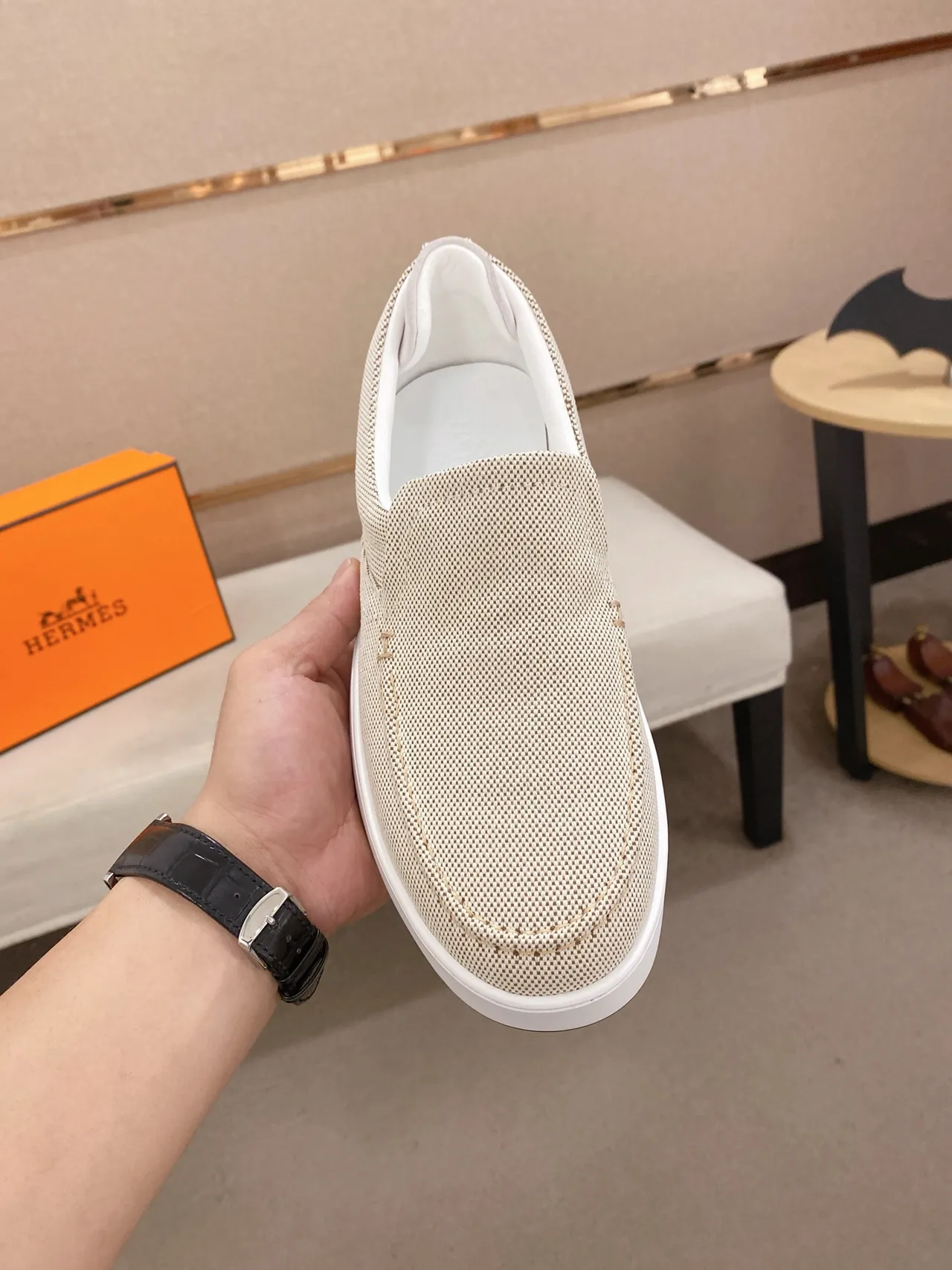 Hermès H Logo Loafer Beige Tecido Slip-On Loafer 5