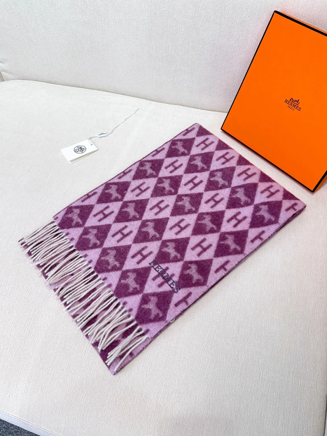 Hermès H Monogram দ্বি-রঙের বেগুনি ক্যাশমিয়ার স্কার্ফ 5