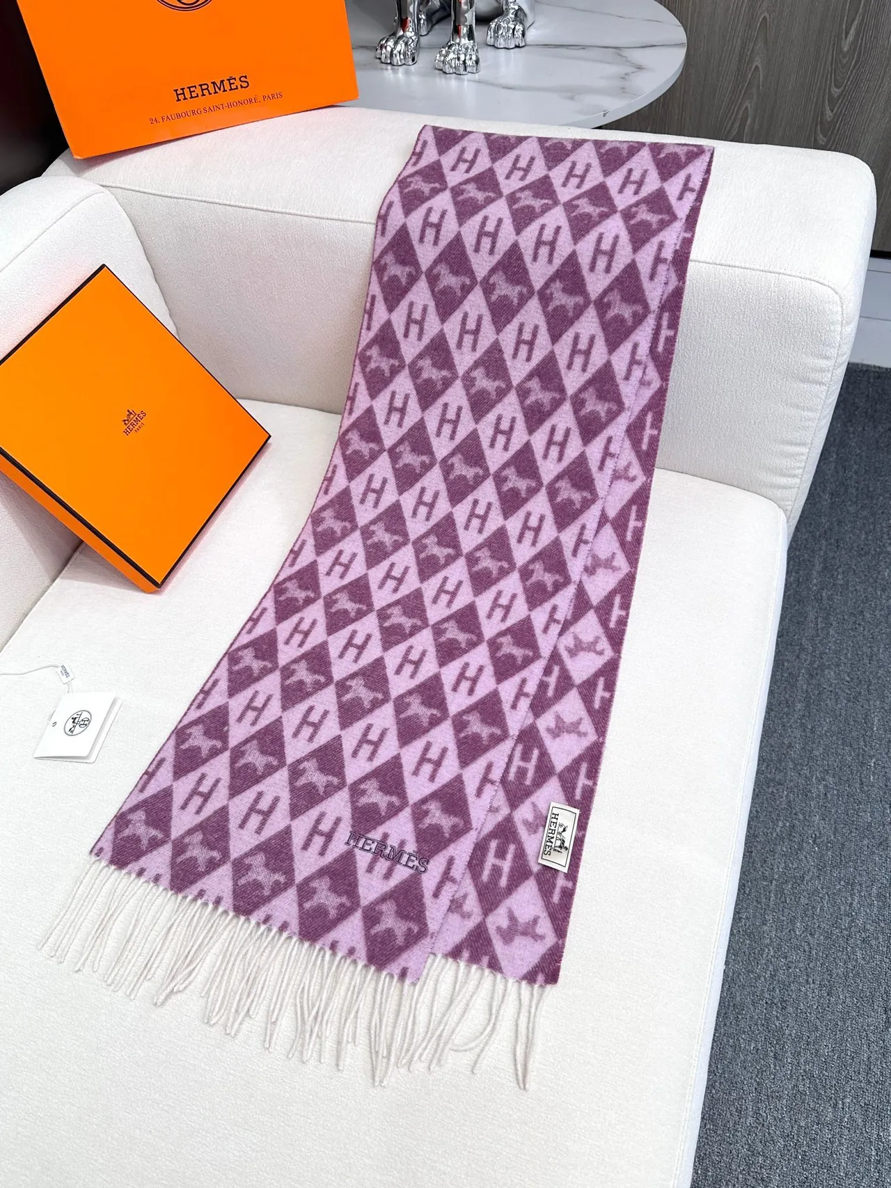 Hermès H Monogram দ্বি-রঙের বেগুনি ক্যাশমিয়ার স্কার্ফ 6