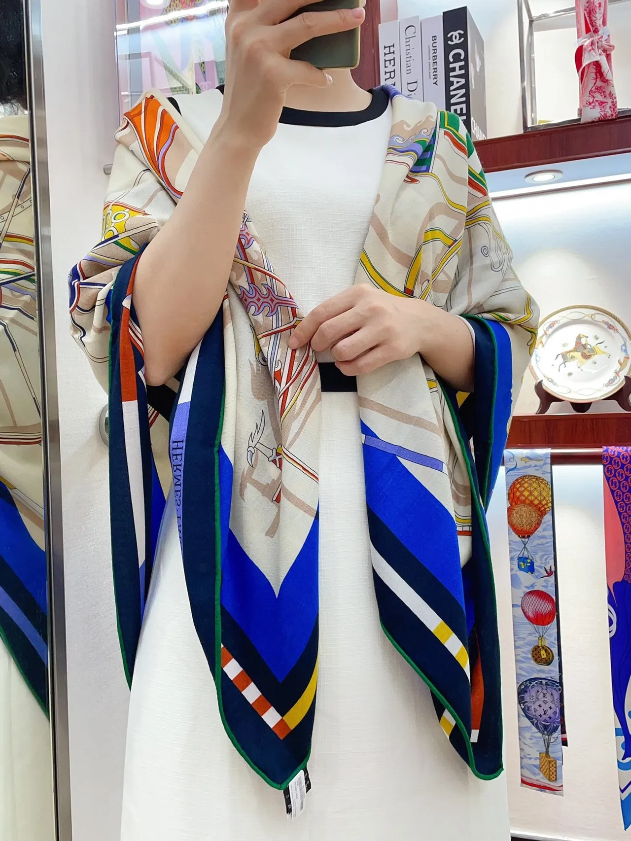 Hermès Multicolor Beige Geometric Abstract Print Border Stripes Silk Scarf 2