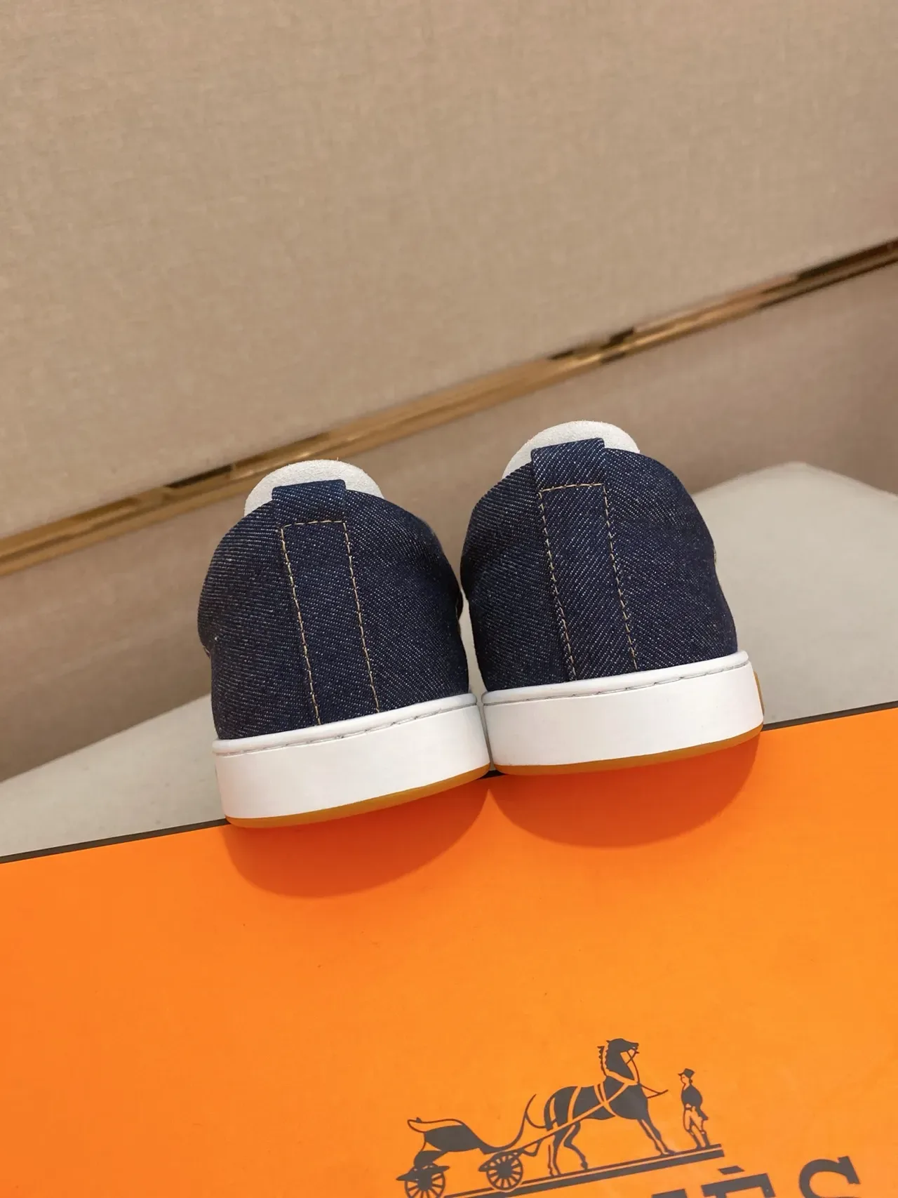 Hermès Navy Gold Denim Upper Slip-On Construction Casual Shoes 3