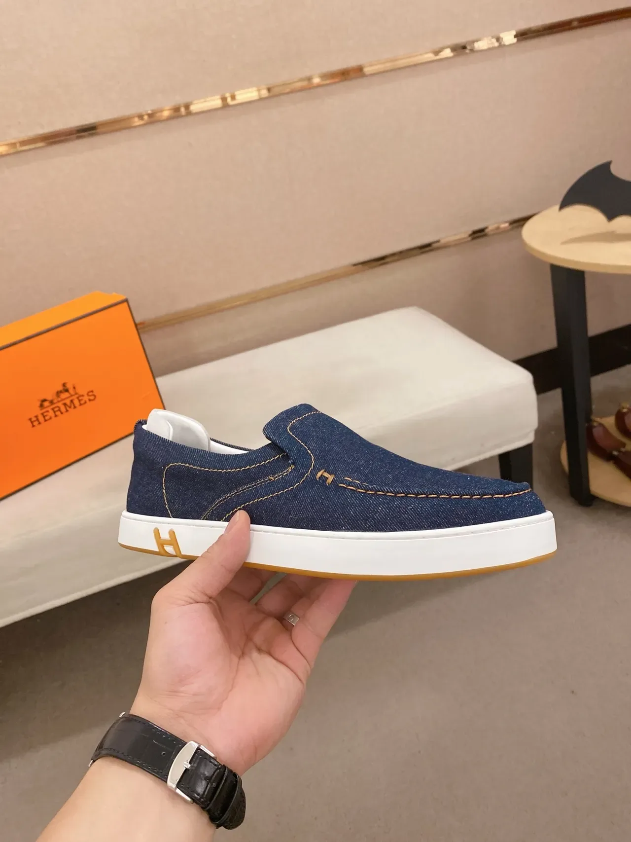 Hermès Navy Gold Denim Upper Slip-On Construction Casual Shoes 5
