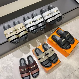 Hermès Oran Black Beige 双带金属 H形扣 凉鞋