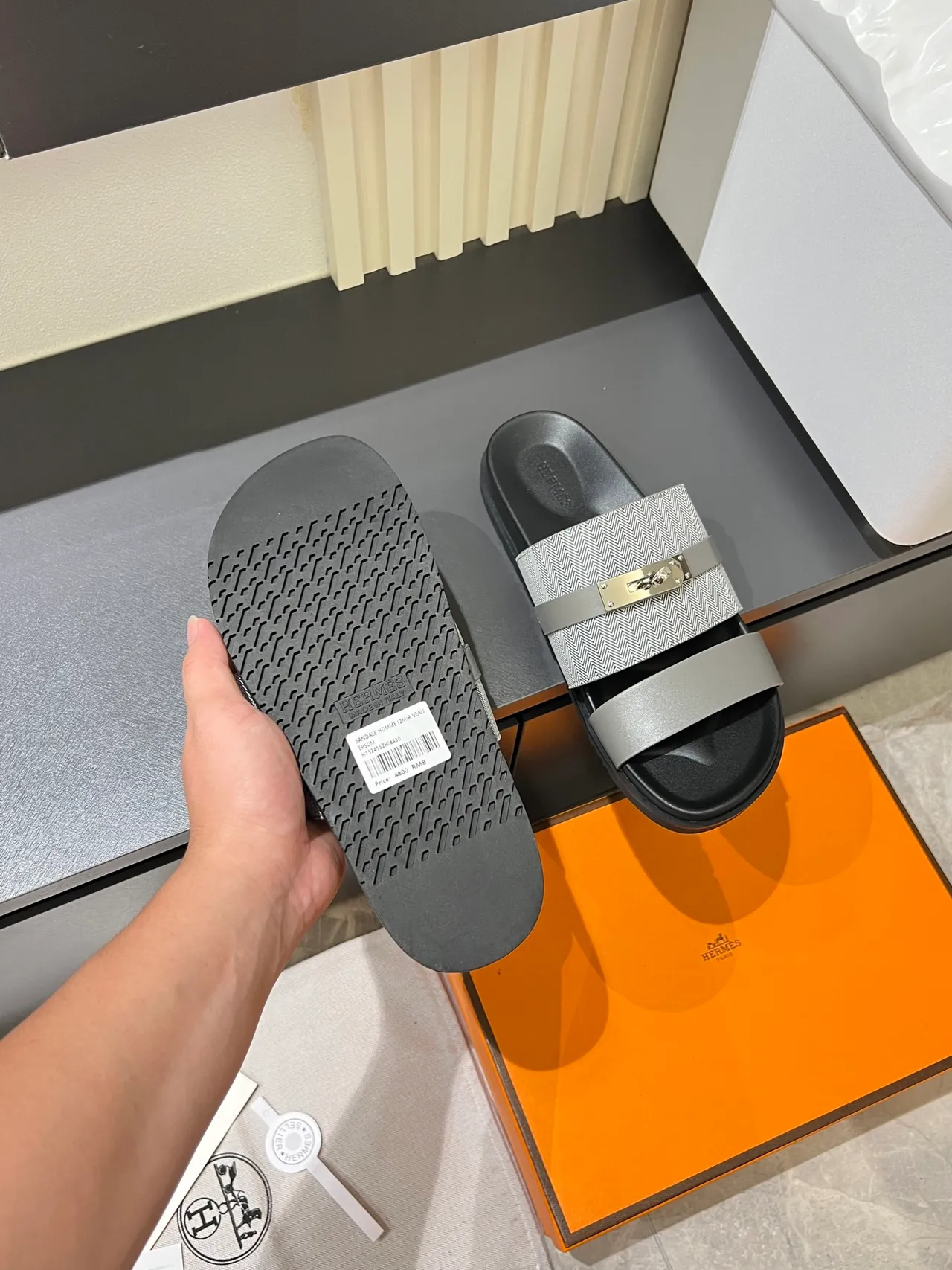 Hermès Oran Black Beige Double-Strap Metal H-Clasp Slippers 2