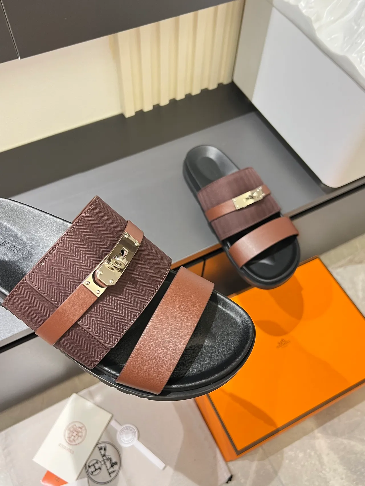 Hermès Oran Black Beige Double-Strap Metal H-Clasp Slippers 3