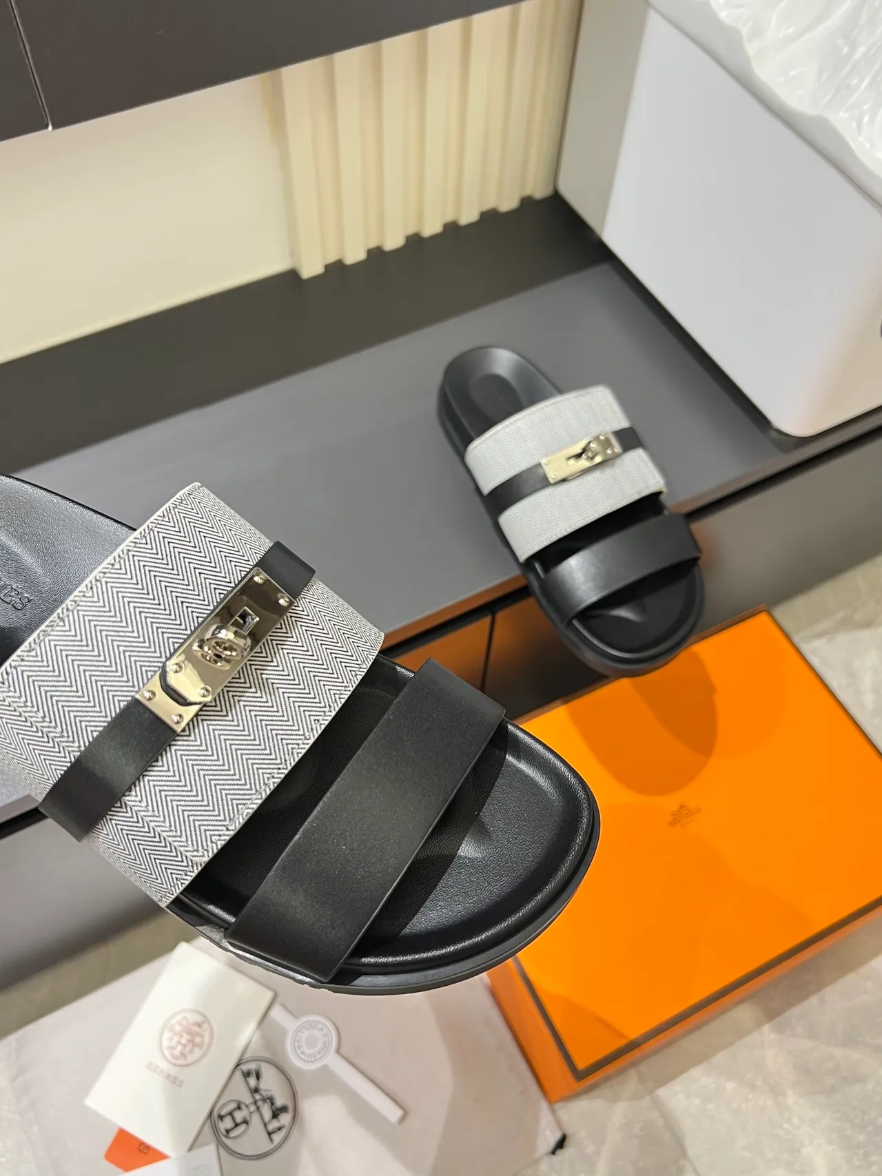 Hermès Oran Black Beige Double-Strap Metal H-Clasp Slippers 4