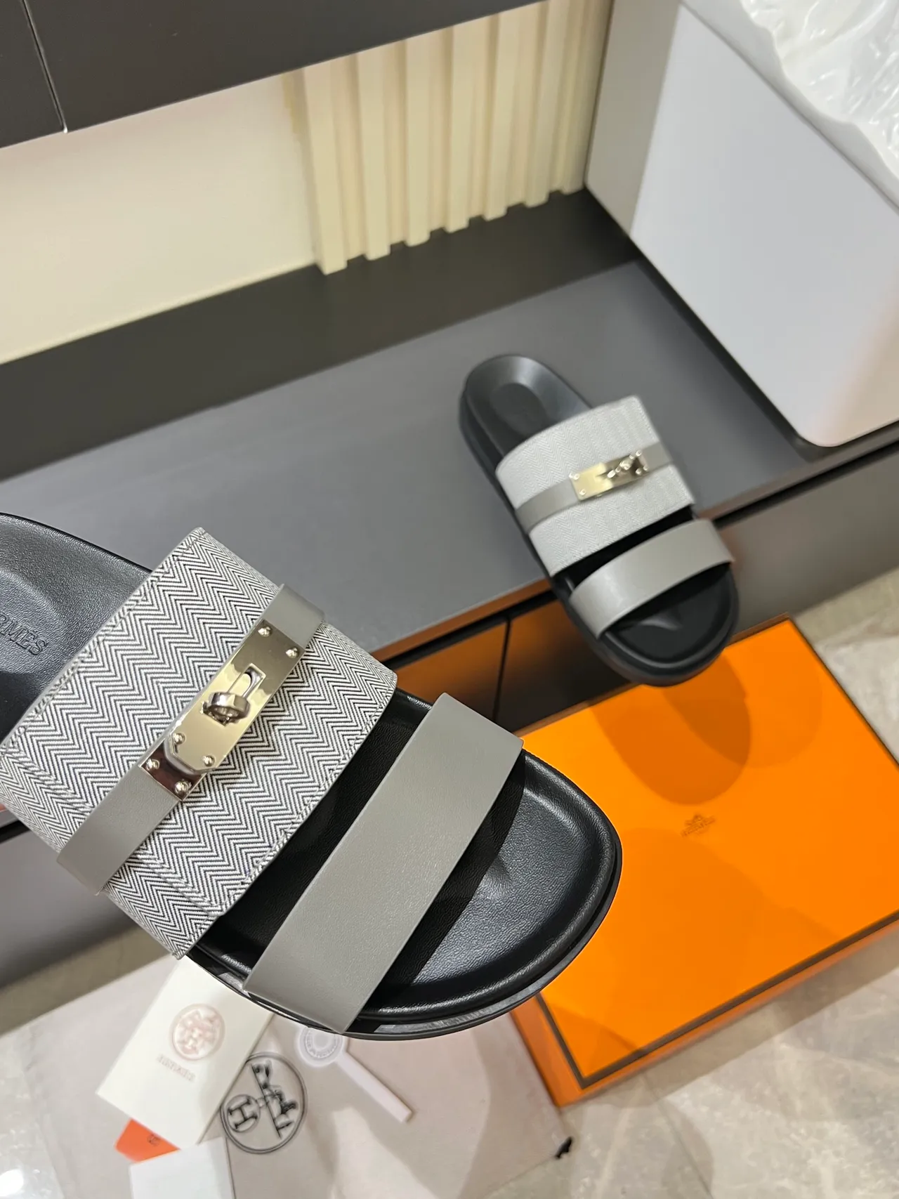 Hermès Oran Black Beige Double-Strap Metal H-Clasp Slippers 5