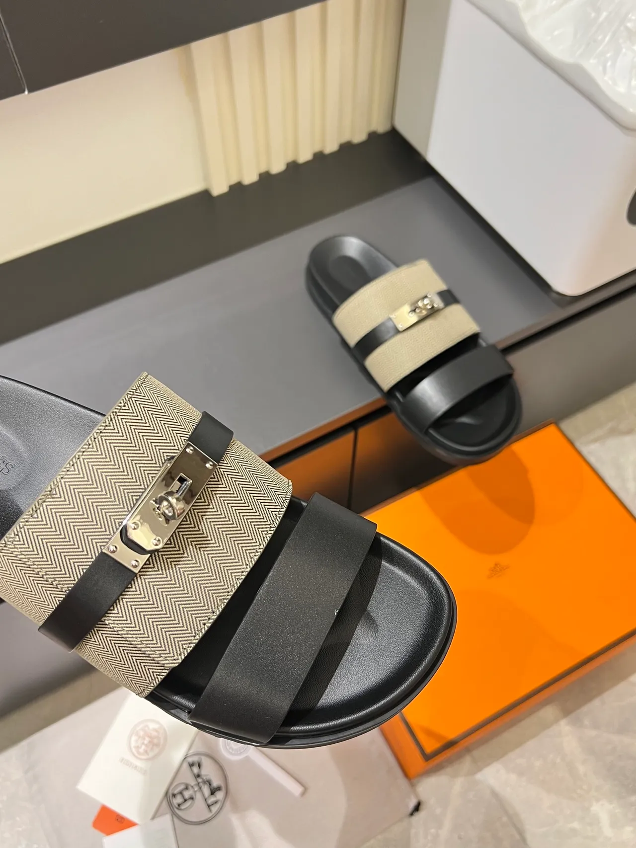 Hermès Oran Black Beige Double-Strap Metal H-Clasp Slippers 7