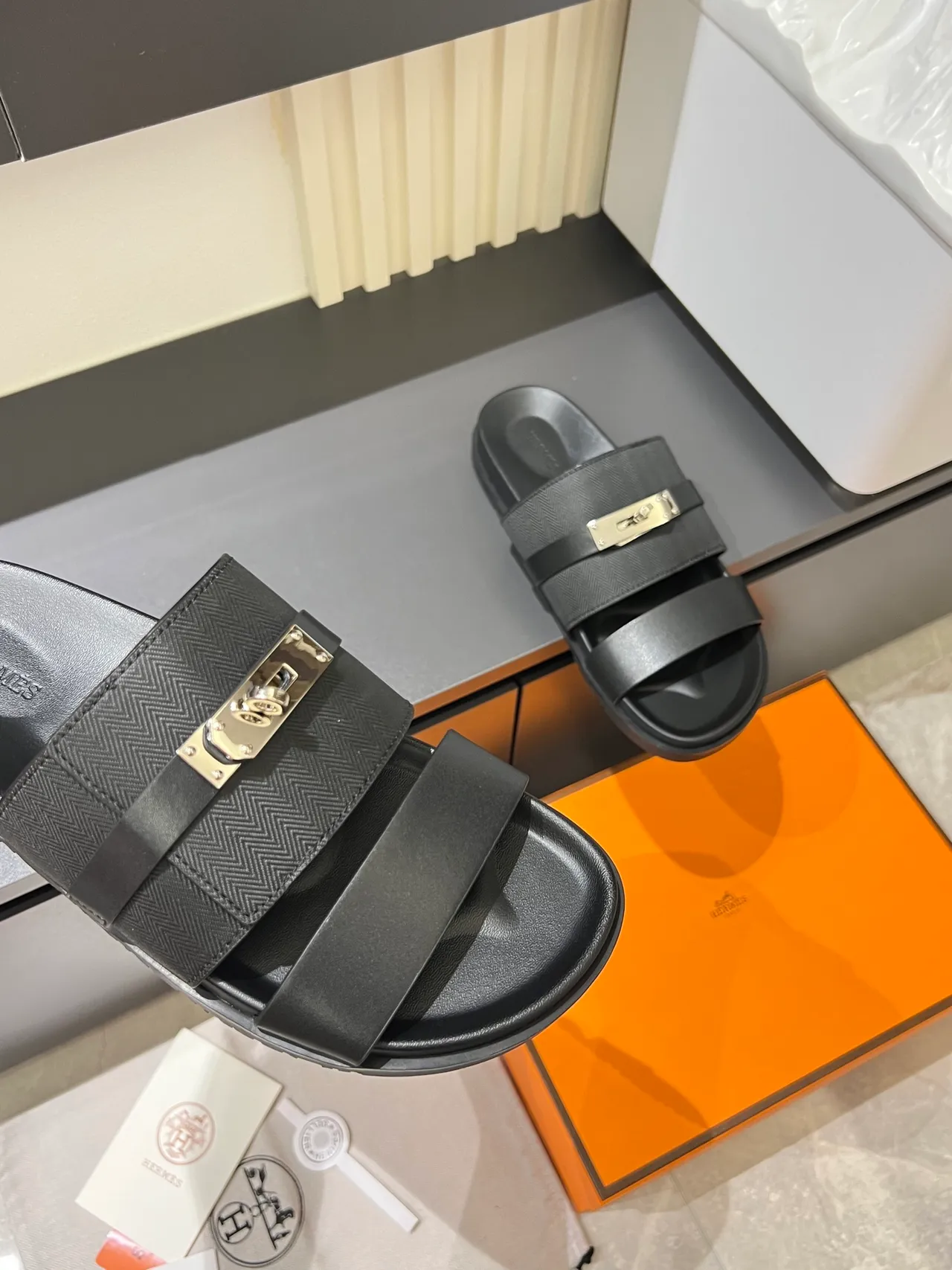 Hermès Oran Black Beige Double-Strap Metal H-Clasp Slippers 8