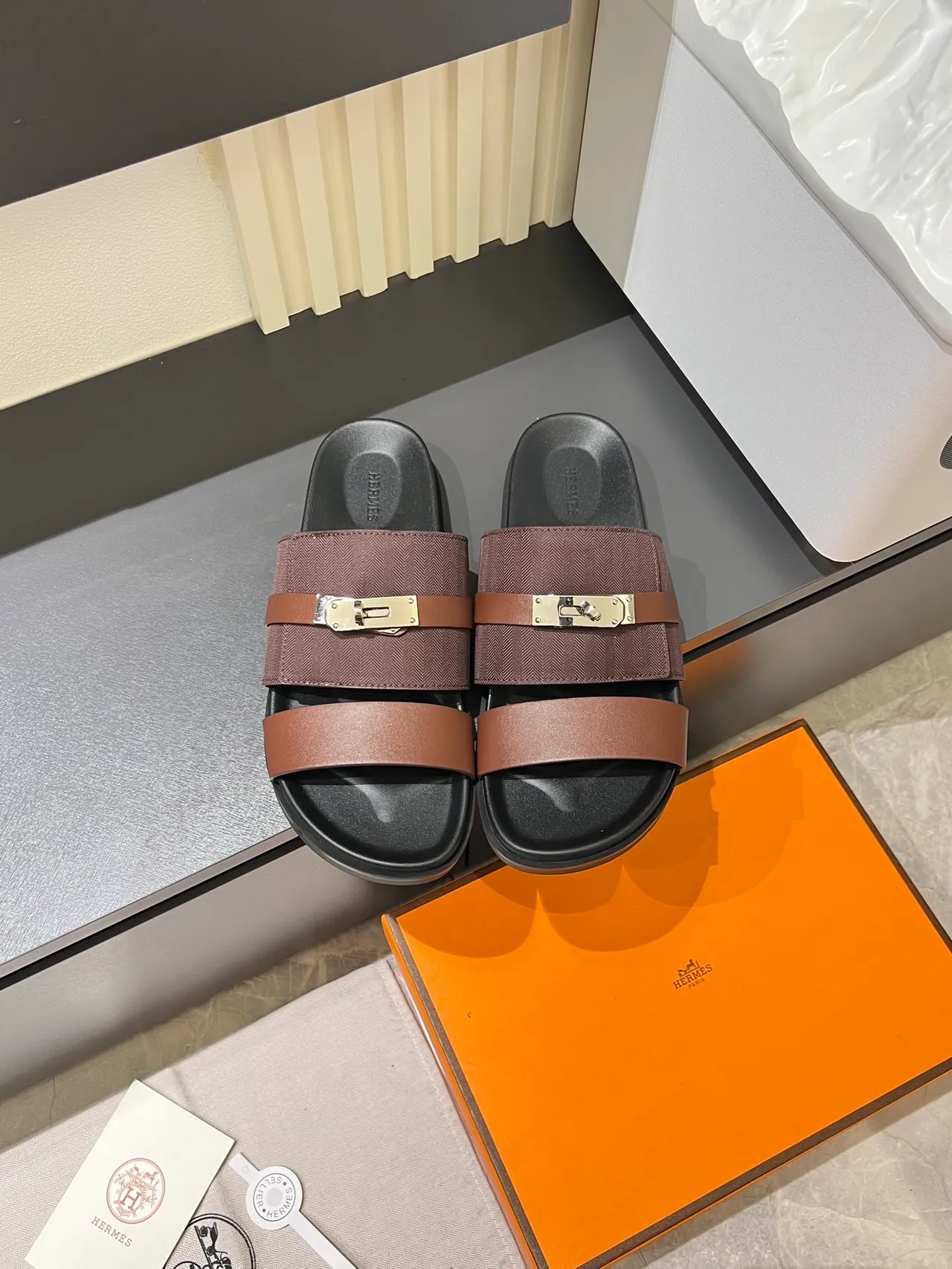 Hermès Oran Black Beige Double-Strap Metal H-Clasp Slippers 9
