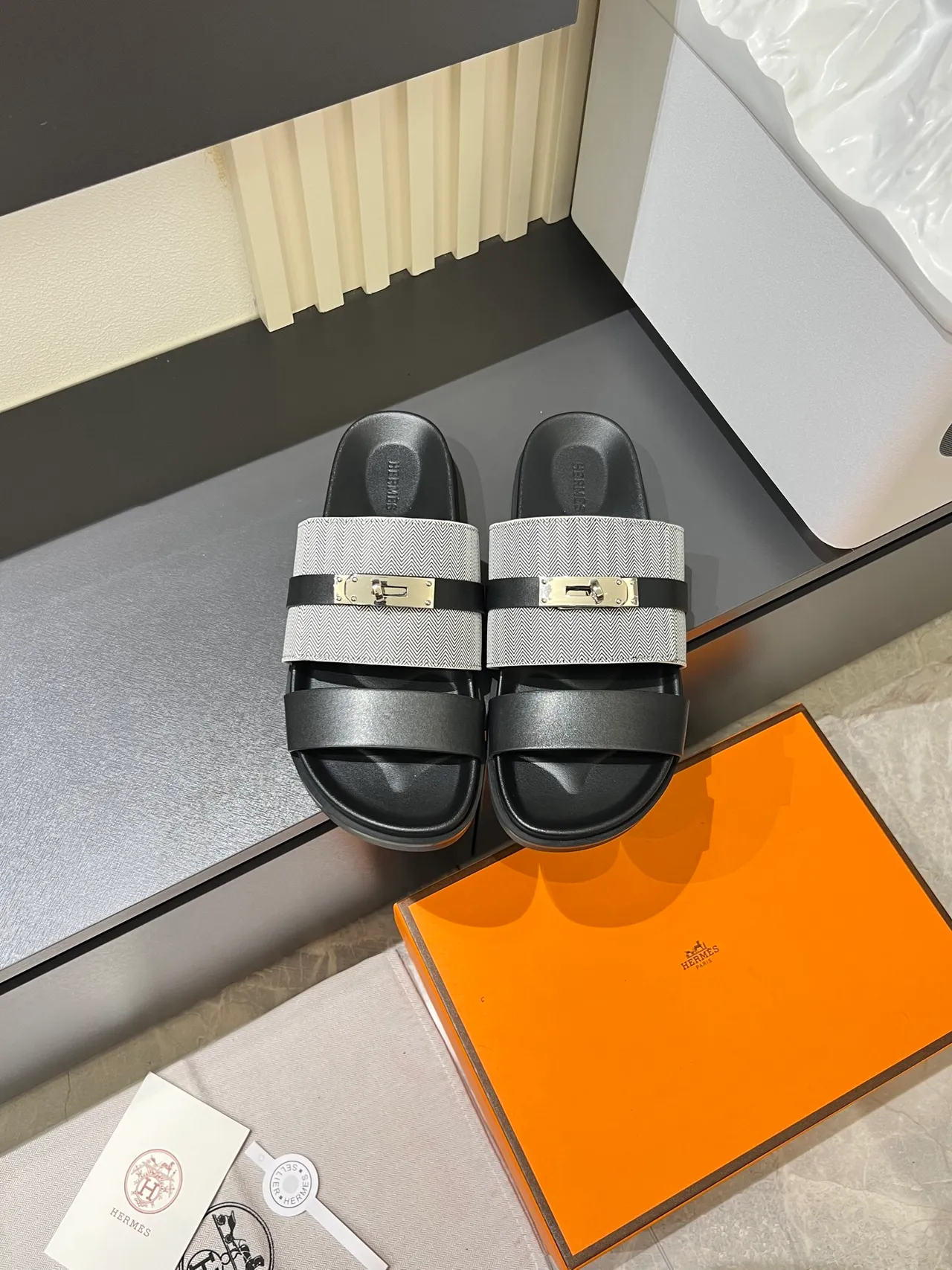 Hermès Oran Black Beige Double-Strap Metal H-Clasp Slippers 10
