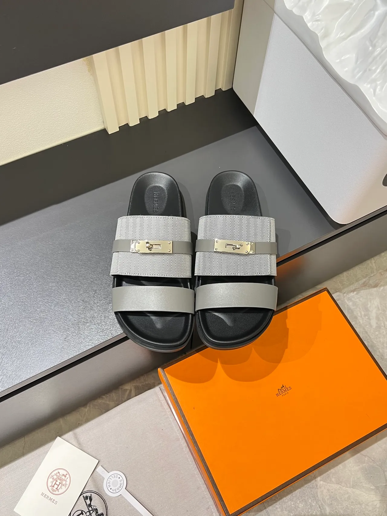 Hermès Oran Black Beige Double-Strap Metal H-Clasp Slippers 11