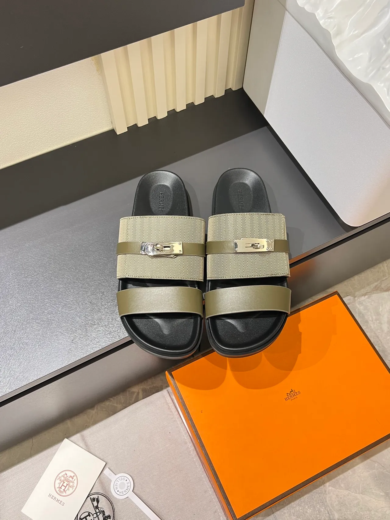 Hermès Oran Black Beige Double-Strap Metal H-Clasp Slippers 12