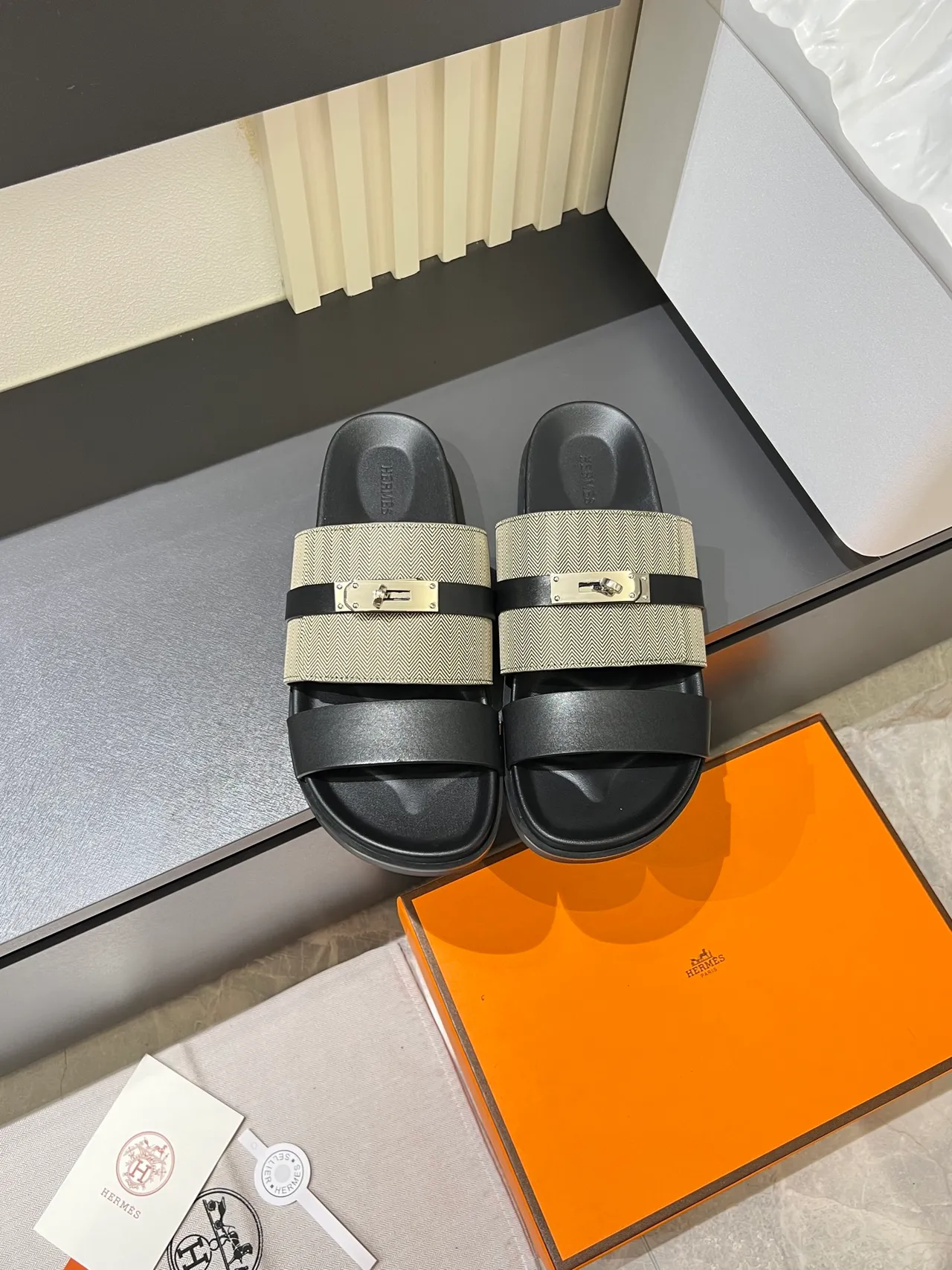 Hermès Oran Black Beige Double-Strap Metal H-Clasp Slippers 13