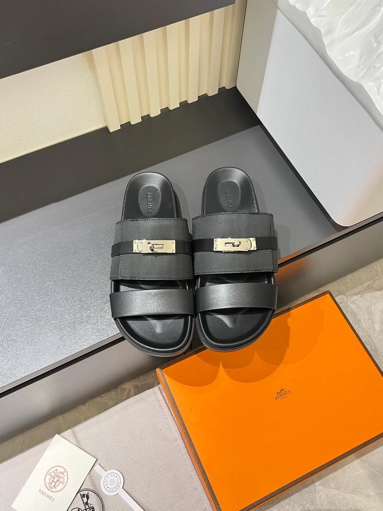 Hermès Oran Black Beige Double-Strap Metal H-Clasp Slippers 14