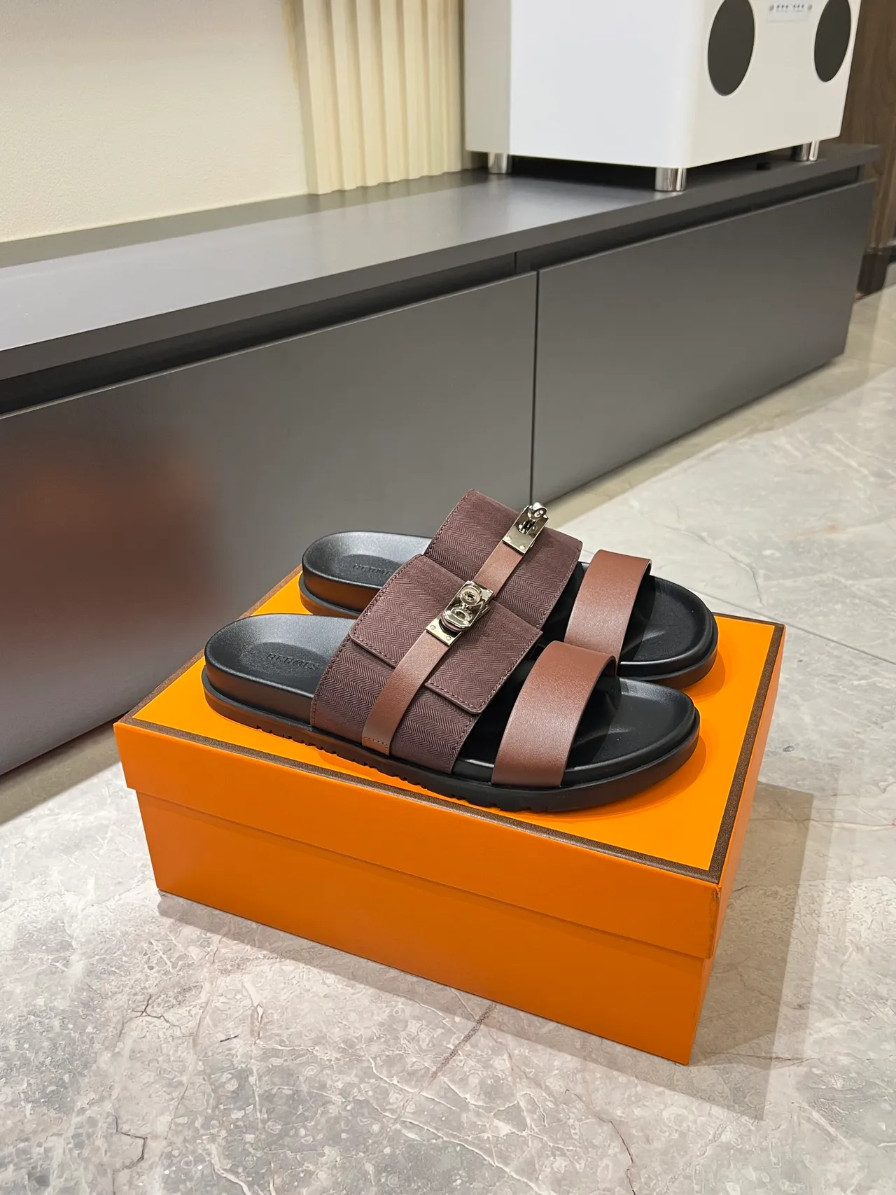 Hermès Oran Black Beige Double-Strap Metal H-Clasp Slippers 15