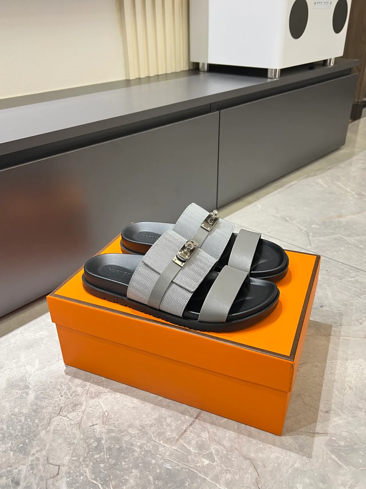 Hermès Oran Black Beige Double-Strap Metal H-Clasp Slippers 17