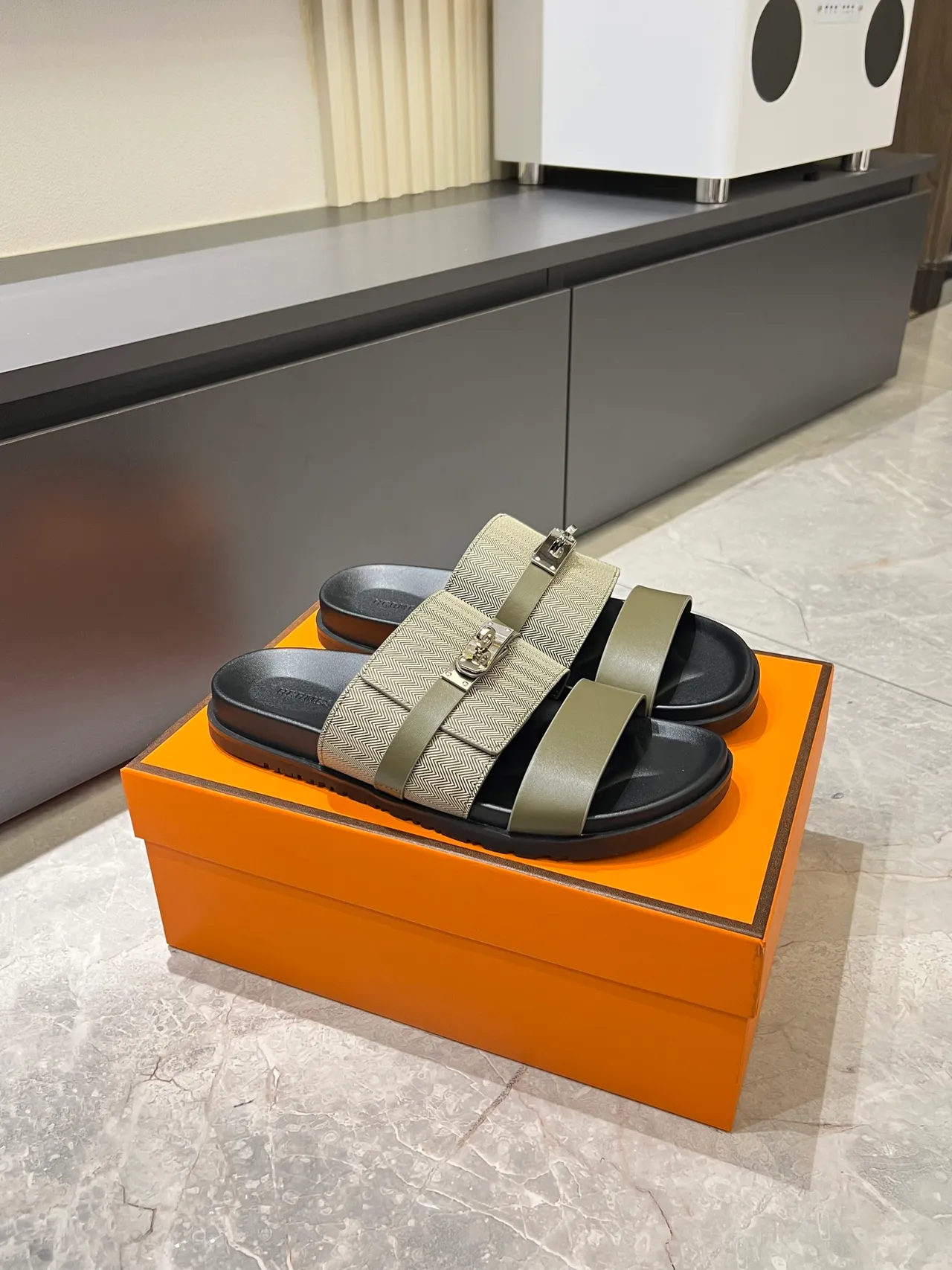 Hermès Oran Black Beige Double-Strap Metal H-Clasp Slippers 18