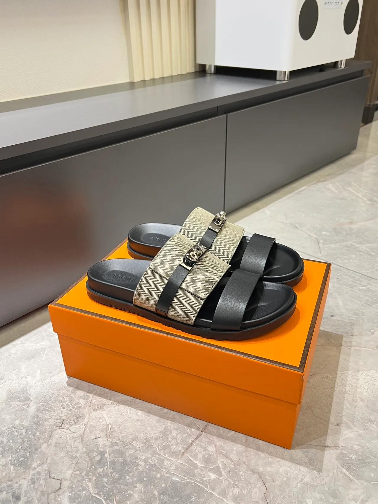 Hermès Oran Black Beige Double-Strap Metal H-Clasp Slippers 19