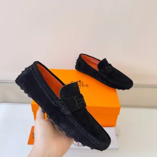 Hermès Oran 黑橙麂皮 H-Logo 带 乐福鞋