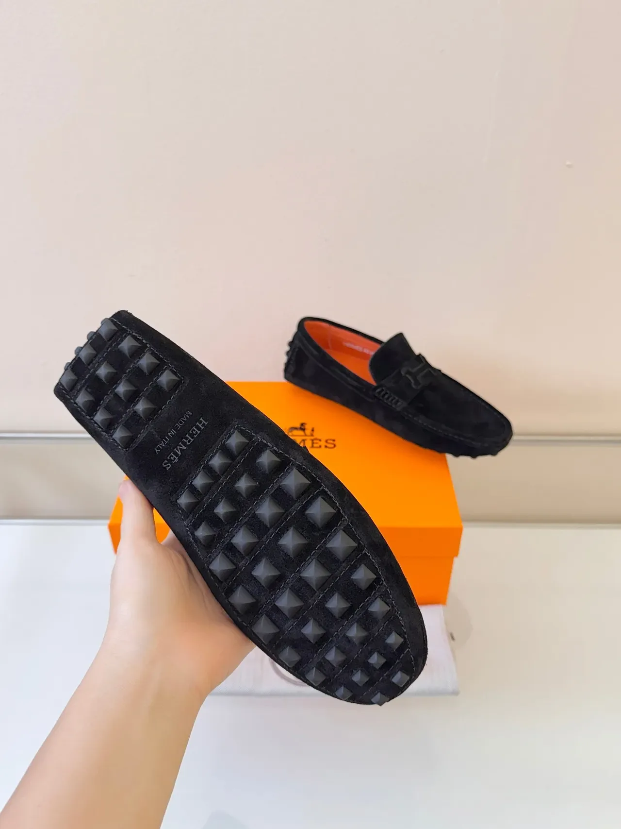 Hermès Oran Black Orange Suede Upper H-Logo Strap Loafer 5