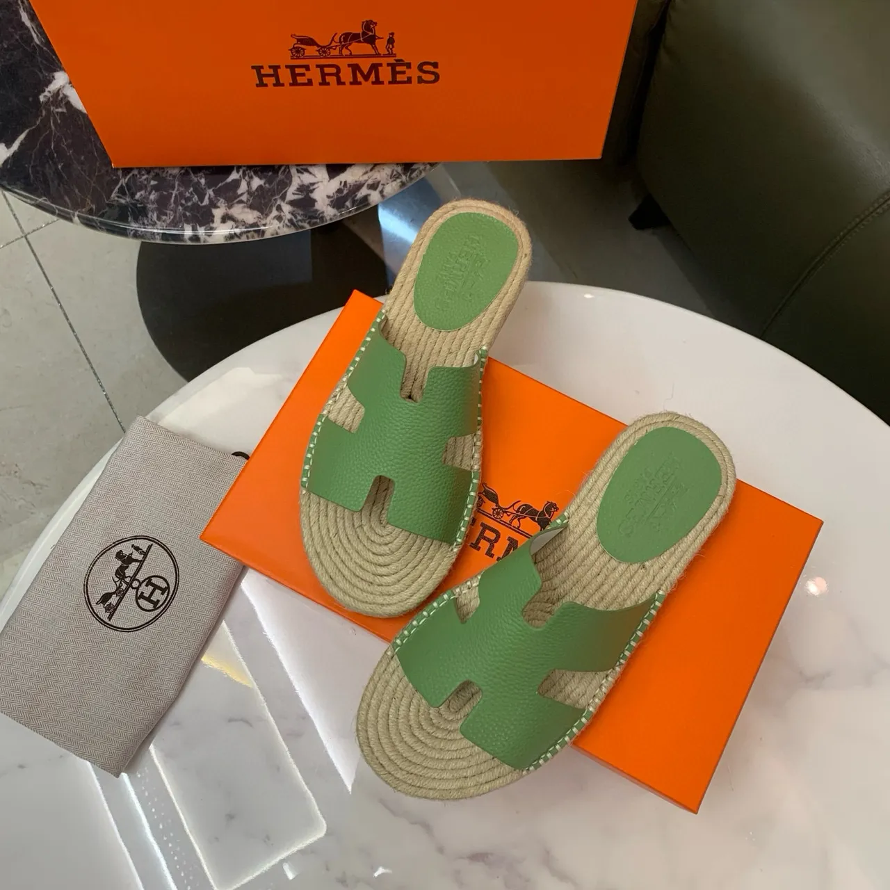 Hermès Oran Green Leather H-Strap Espadrille Slippers 2