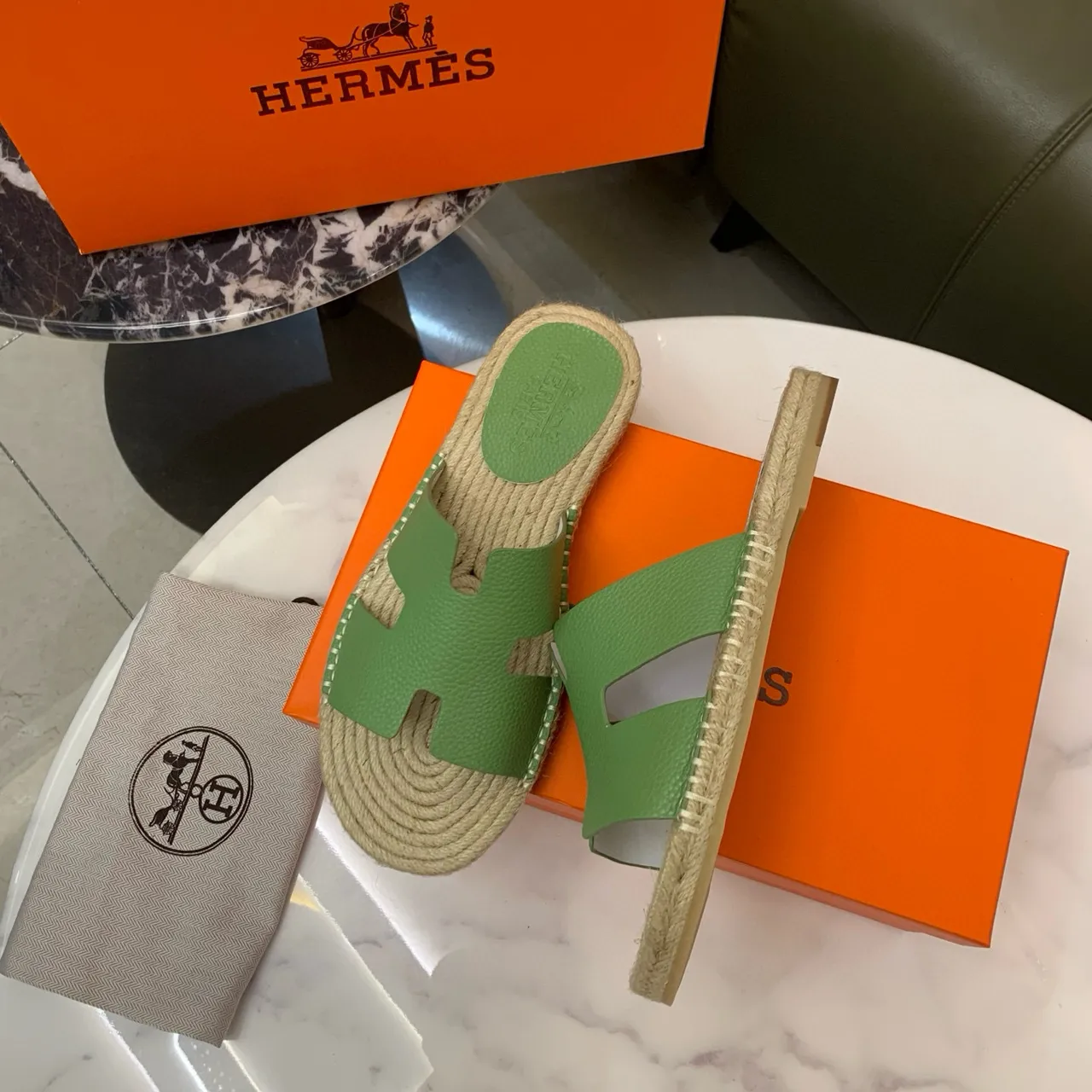 Hermès Oran Green Leather H-Strap Espadrille Slippers 3