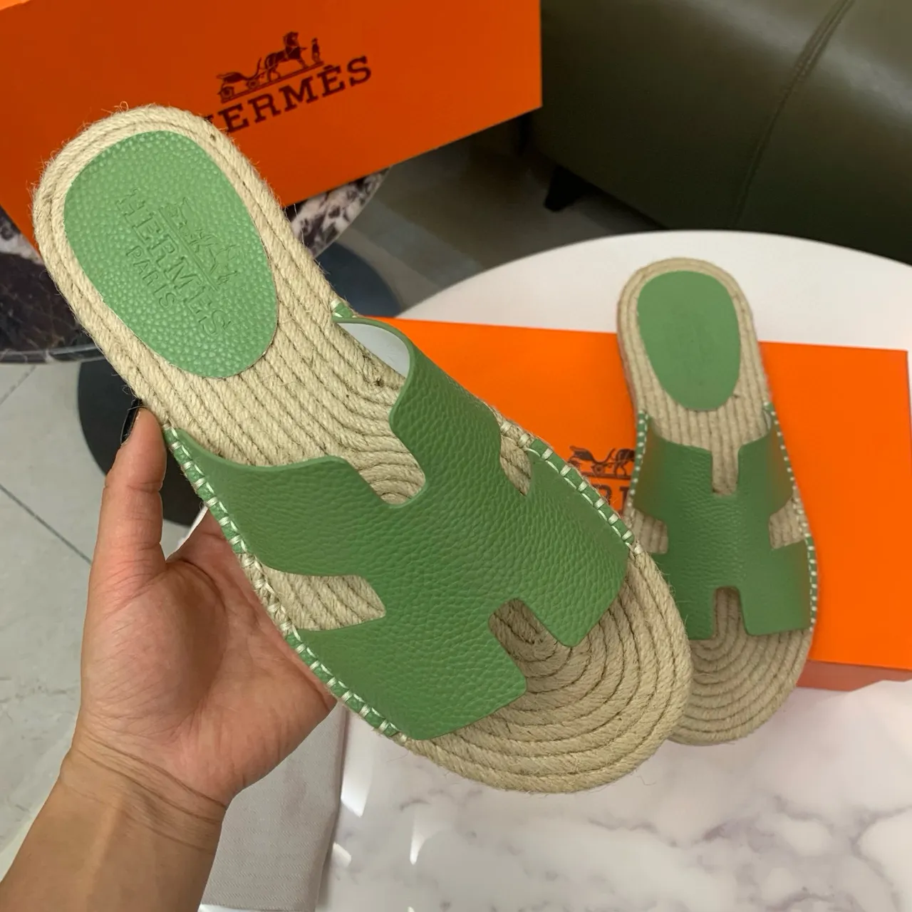 Hermès Oran Green Leather H-Strap Espadrille Slippers 4