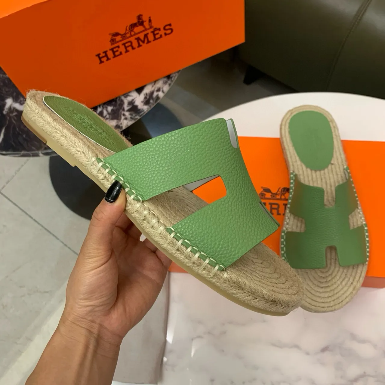 Hermès Oran Green Leather H-Strap Espadrille Slippers 5