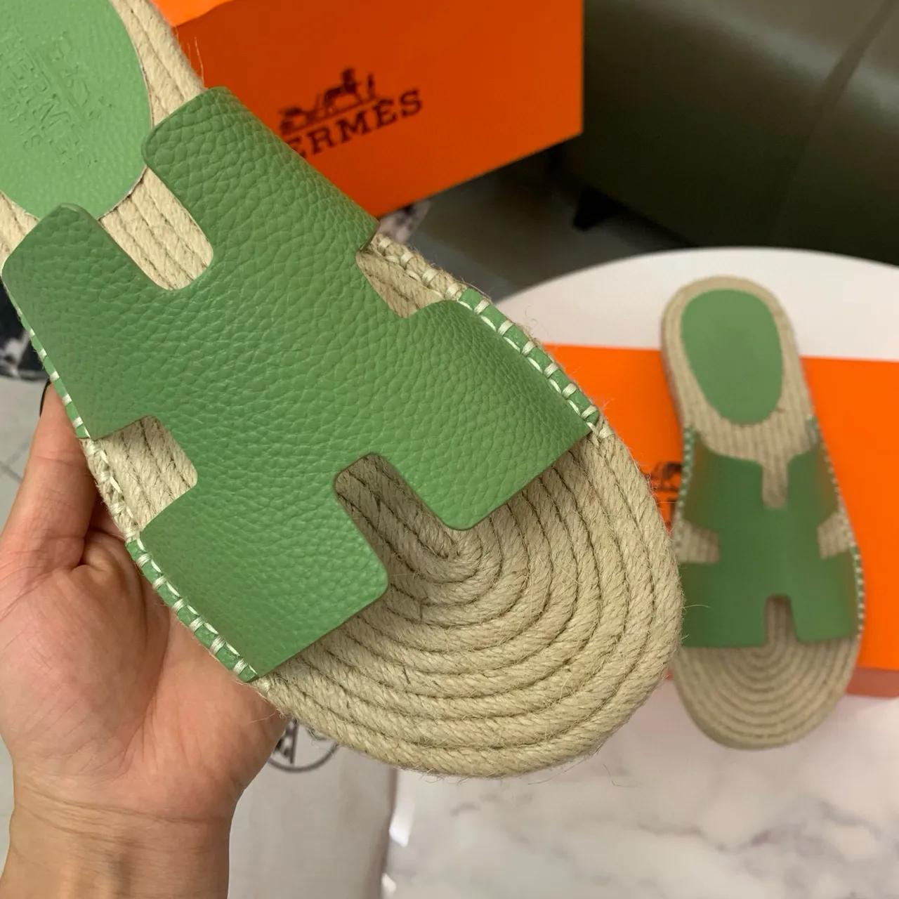 Hermès Oran Green Leather H-Strap Espadrille Slippers 6
