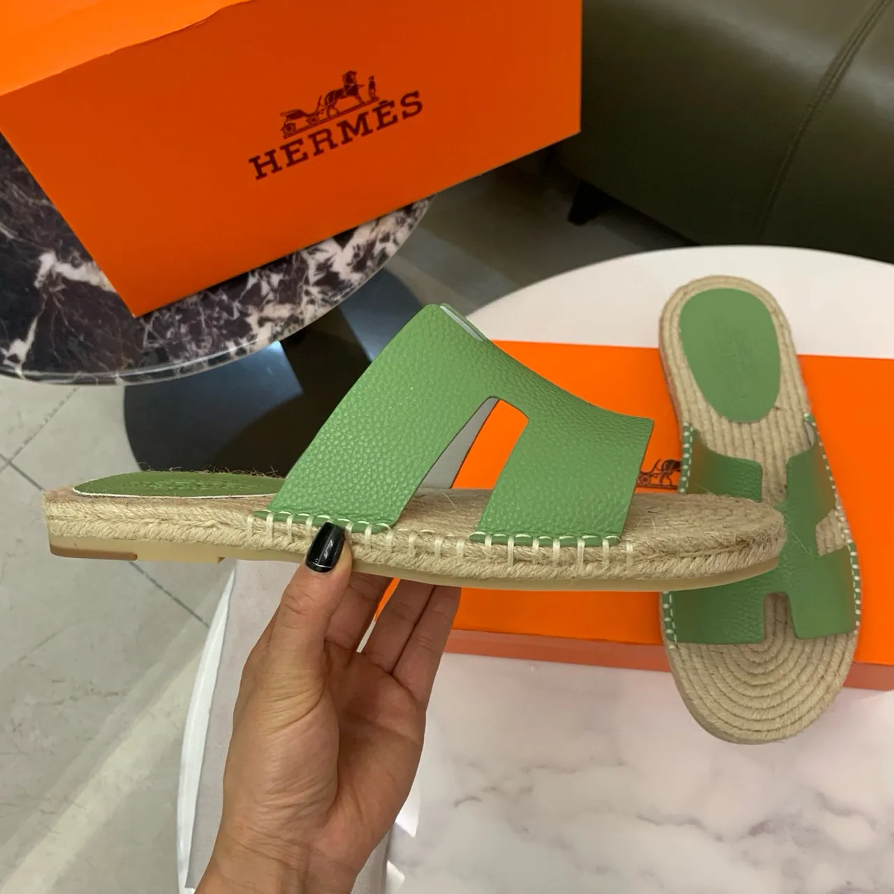 Hermès Oran Green Leather H-Strap Espadrille Slippers 7