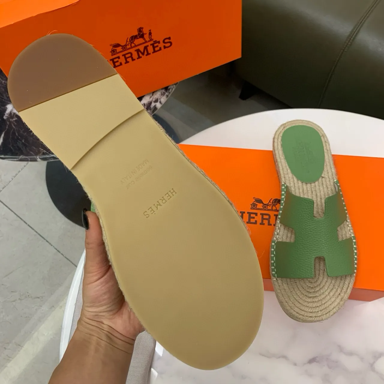 Hermès Oran Green Leather H-Strap Espadrille Slippers 8