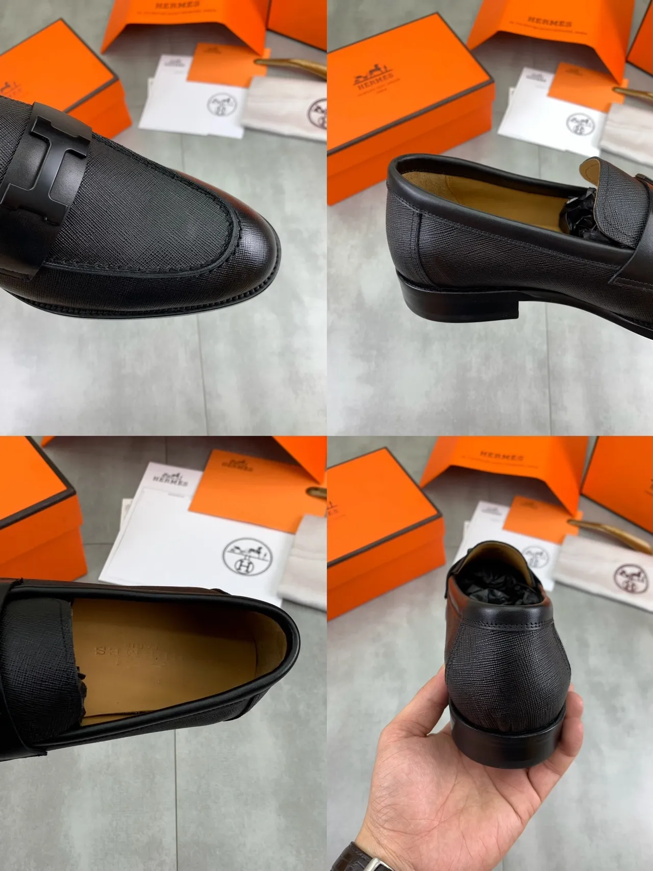 Hermès Oran Loafer কালো টেক্সচার্ড চামড়া H-Buckle লোফার 2