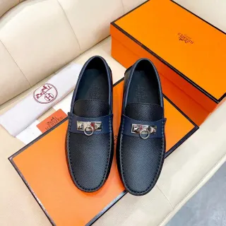 Hermès Oran 海军蓝 纹理皮革 一脚蹬乐福鞋