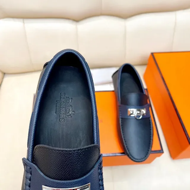 Hermès Oran Loafer Navy Blue Textured Leather Slip-On Loafers 2
