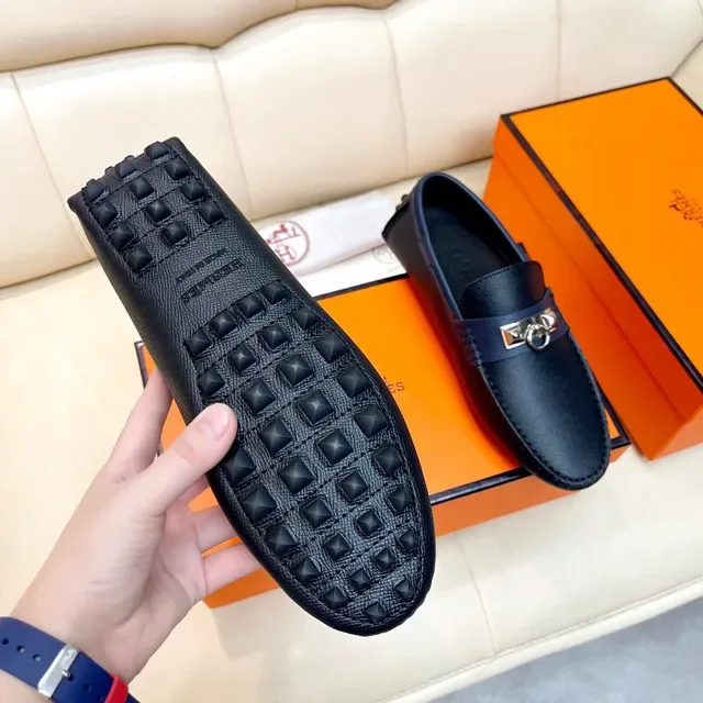 Hermès Oran Loafer Navy Blue Textured Leather Slip-On Loafers 4