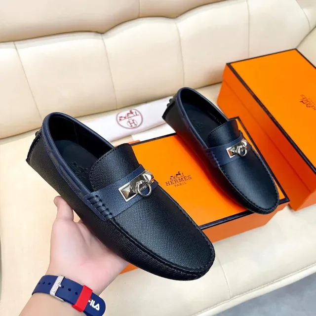 Hermès Oran Loafer Navy Blue Textured Leather Slip-On Loafers 5