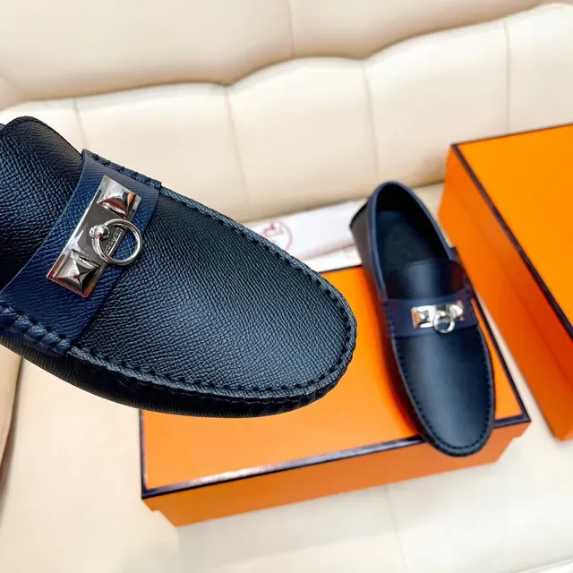 Hermès Oran Loafer Navy Blue Textured Leather Slip-On Loafers 6