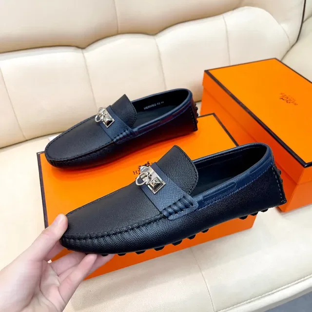 Hermès Oran Loafer Navy Blue Textured Leather Slip-On Loafers 7