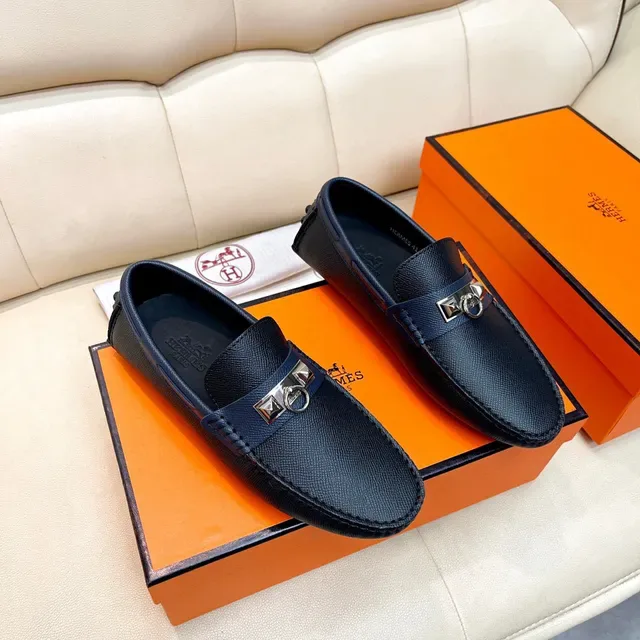 Hermès Oran Loafer Navy Blue Textured Leather Slip-On Loafers 8