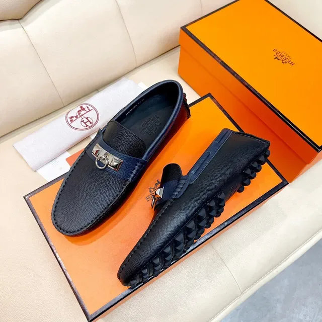 Hermès Oran Loafer Navy Blue Textured Leather Slip-On Loafers 9