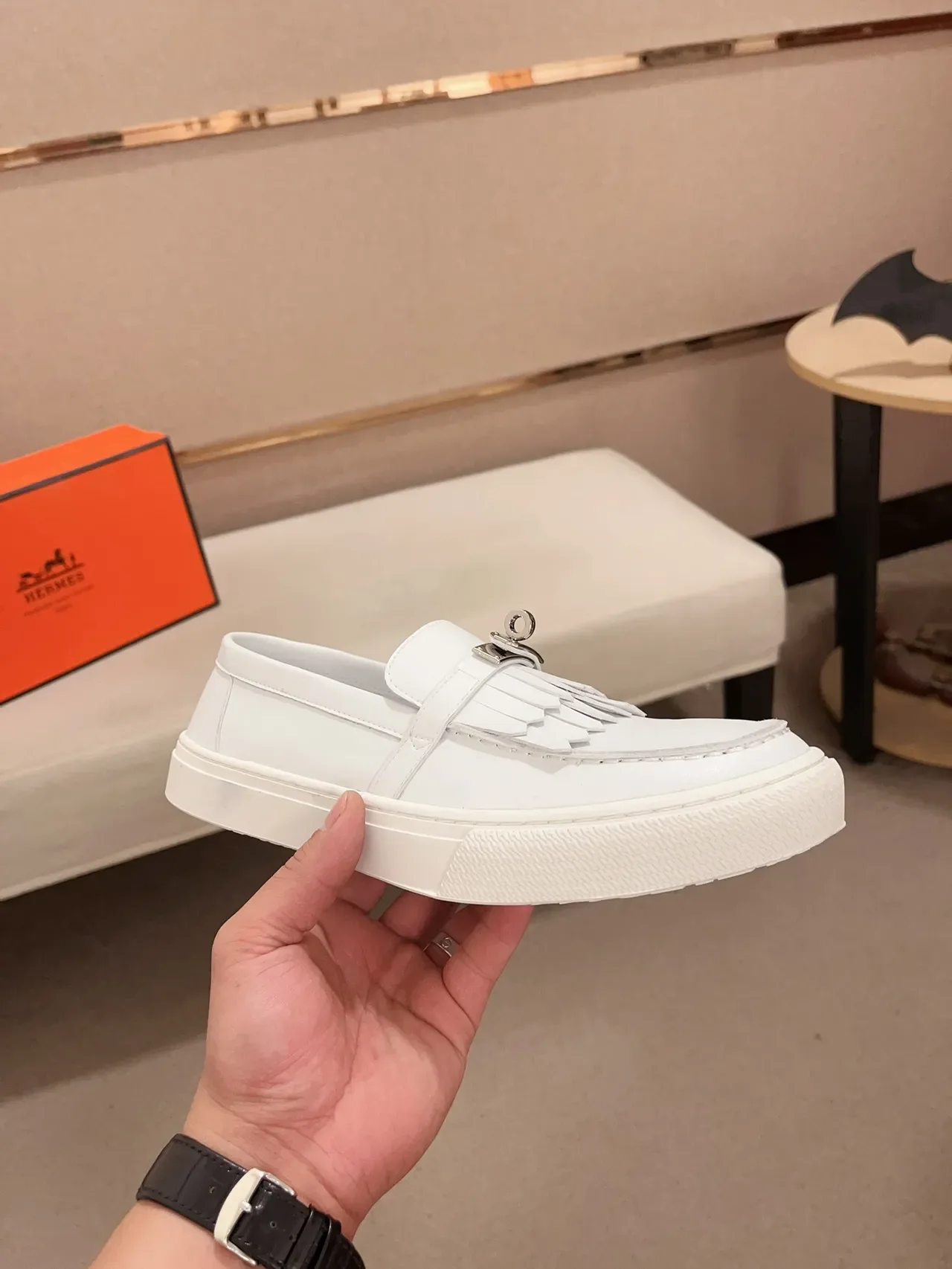 Hermès Oran Loafer White Leather Fringed Strap Platform Loafer 4