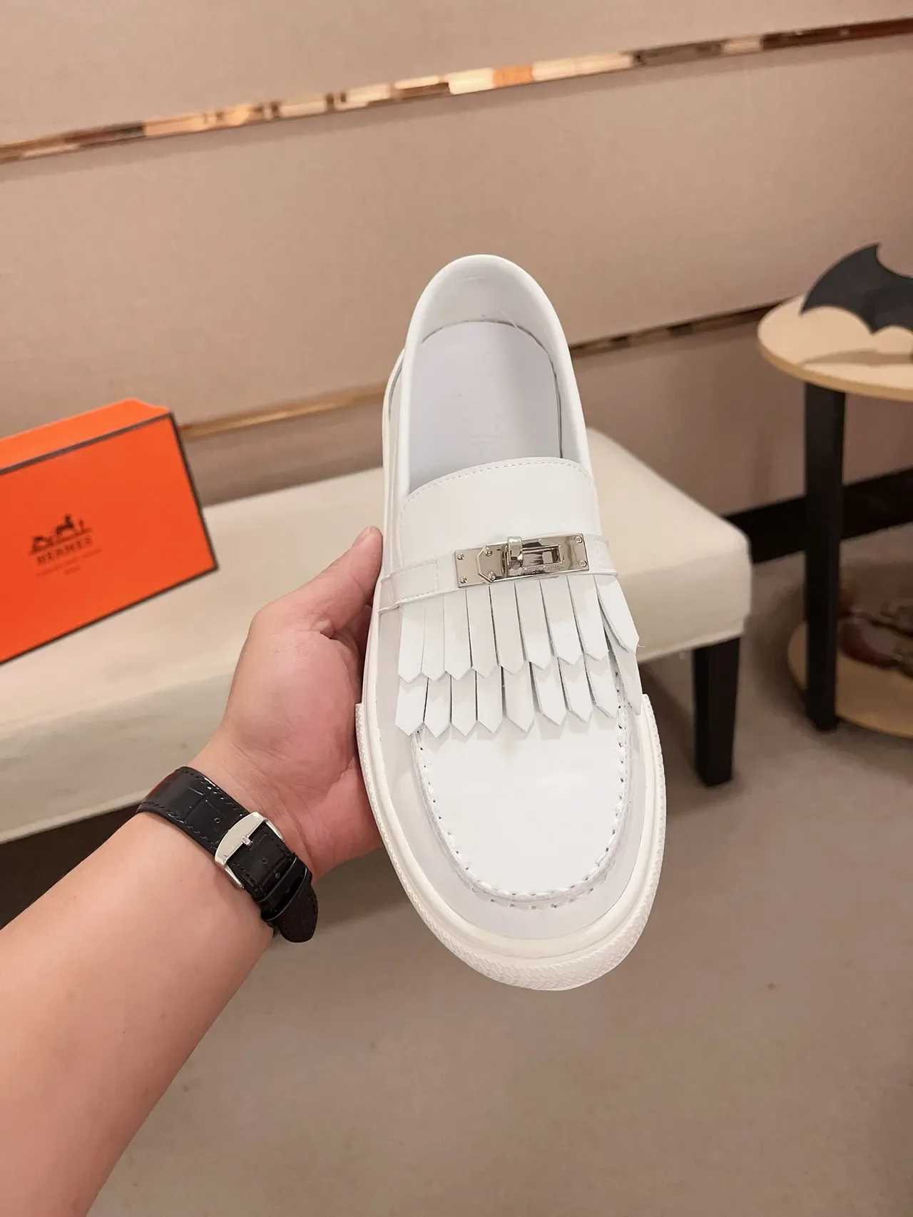 Hermès Oran Loafer White Leather Fringed Strap Platform Loafer 5