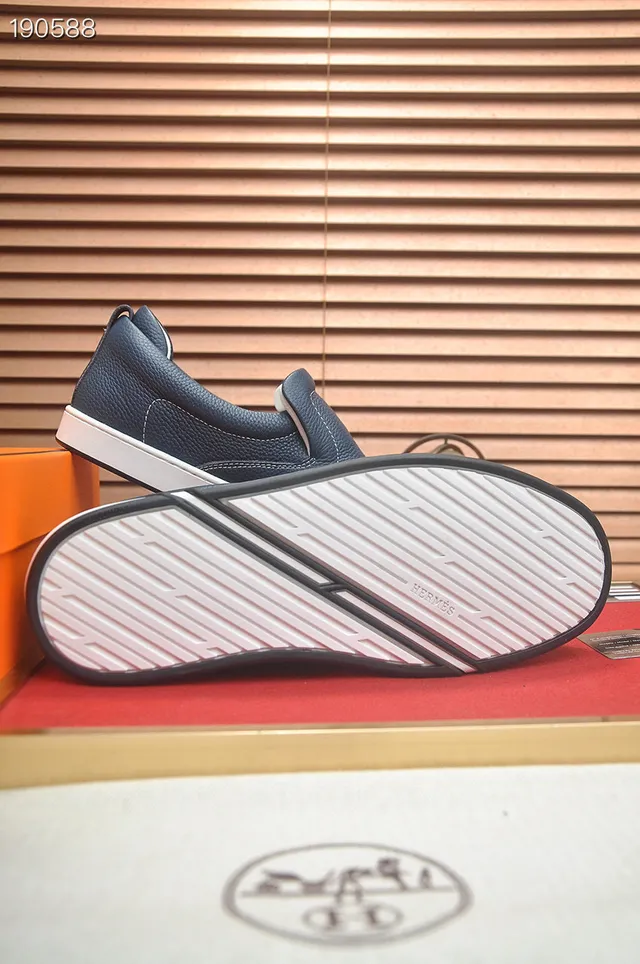 Hermès Oran azul marino blanco cuero pebbled mocasín de slip-on 2