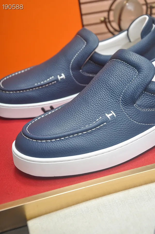 Hermès Oran azul marino blanco cuero pebbled mocasín de slip-on 4
