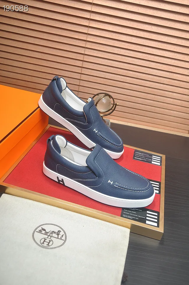Hermès Oran azul marino blanco cuero pebbled mocasín de slip-on 5