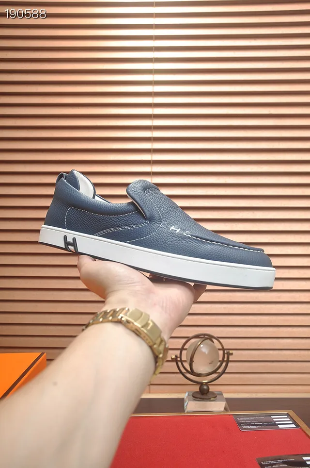 Hermès Oran azul marino blanco cuero pebbled mocasín de slip-on 6